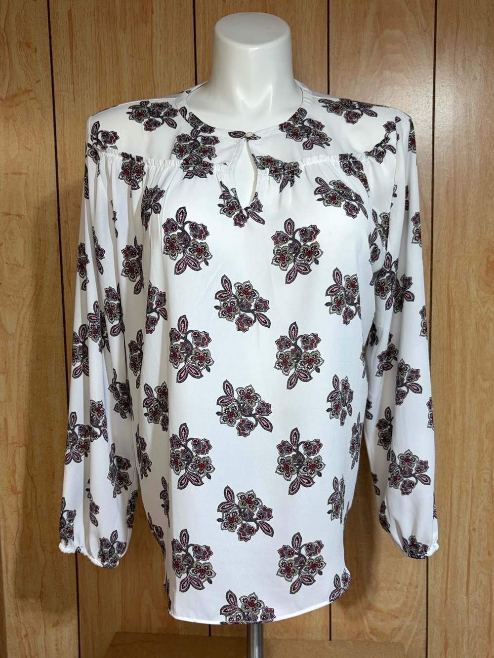 LOFT White Floral-Print Keyhole Long Sleeve Blouse SZ - XL